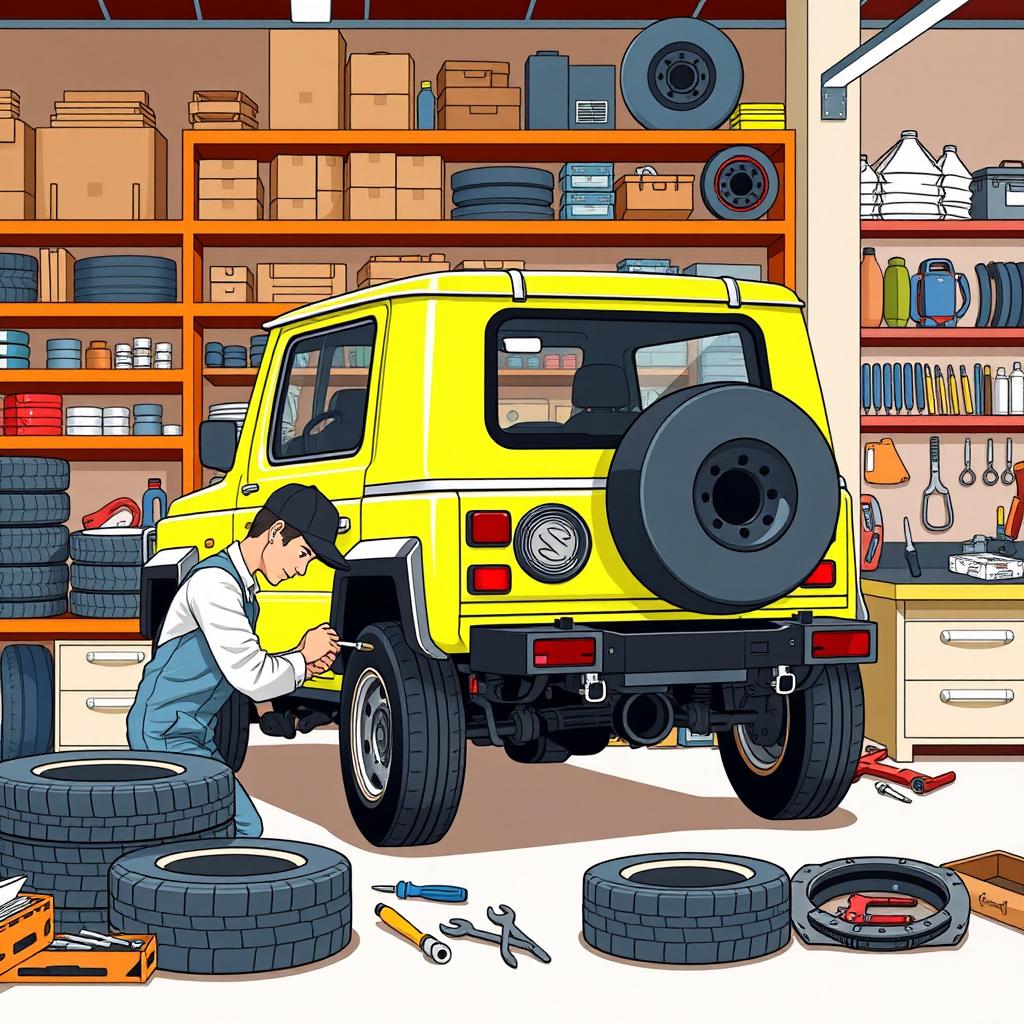 A focused illustration of a Suzuki Jimny having its wheels assembled, showcasing the iconic boxy design of the vehicle