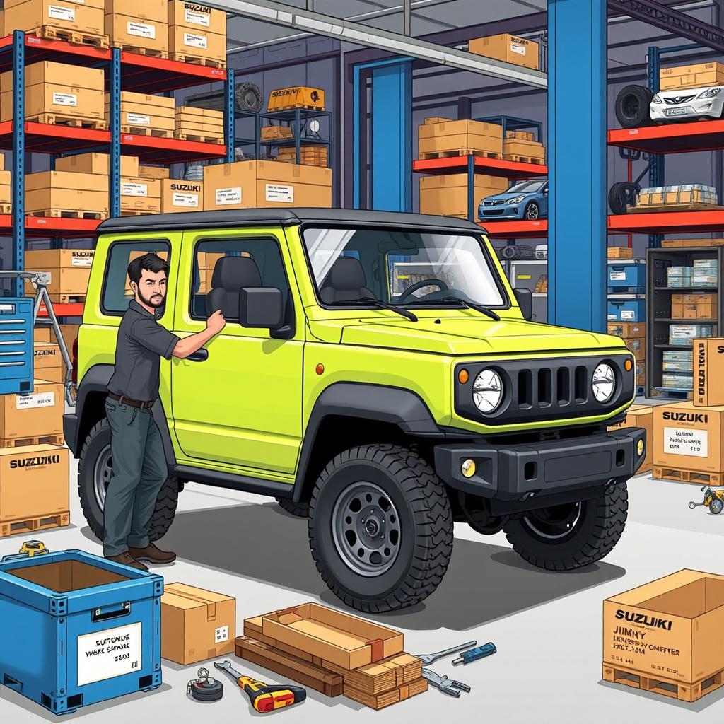An engaging illustration of a Suzuki Jimny being assembled with wheels in a logistics partner facility