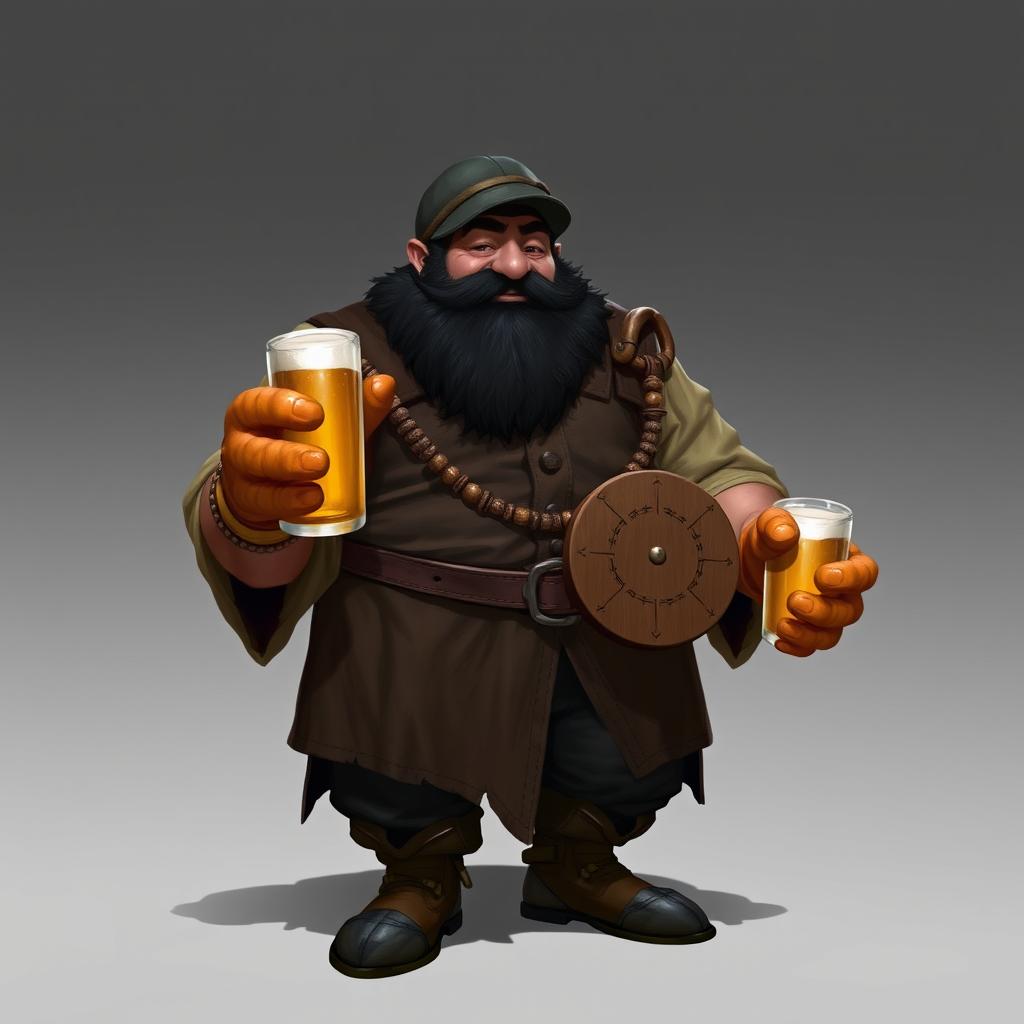 A Dungeons and Dragons character, a bouncer-monk with a strong, muscular build and a thick resinous black beard