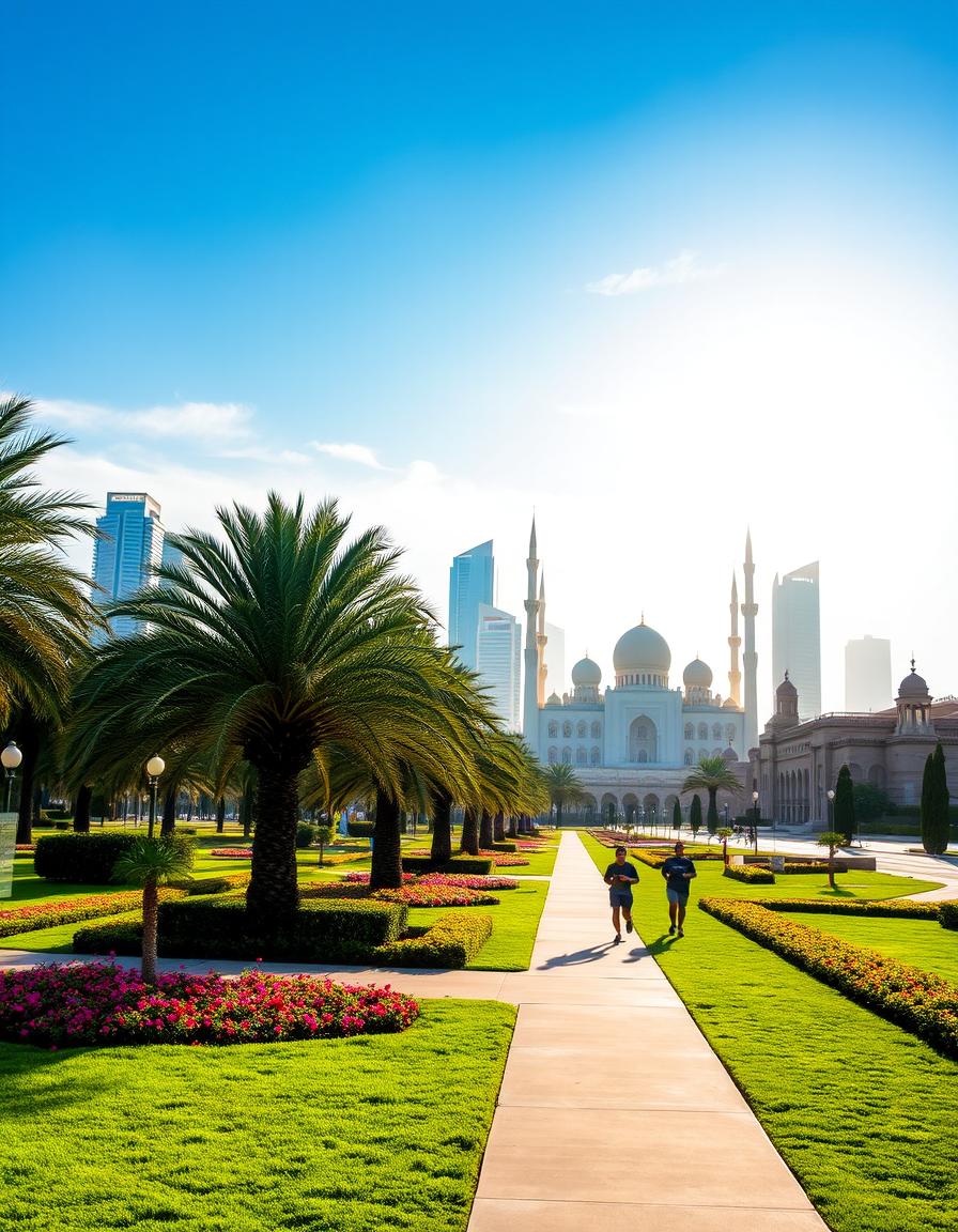 A peaceful morning scene in Abu Dhabi, showcasing the iconic skyline with modern skyscrapers bathed in warm sunlight