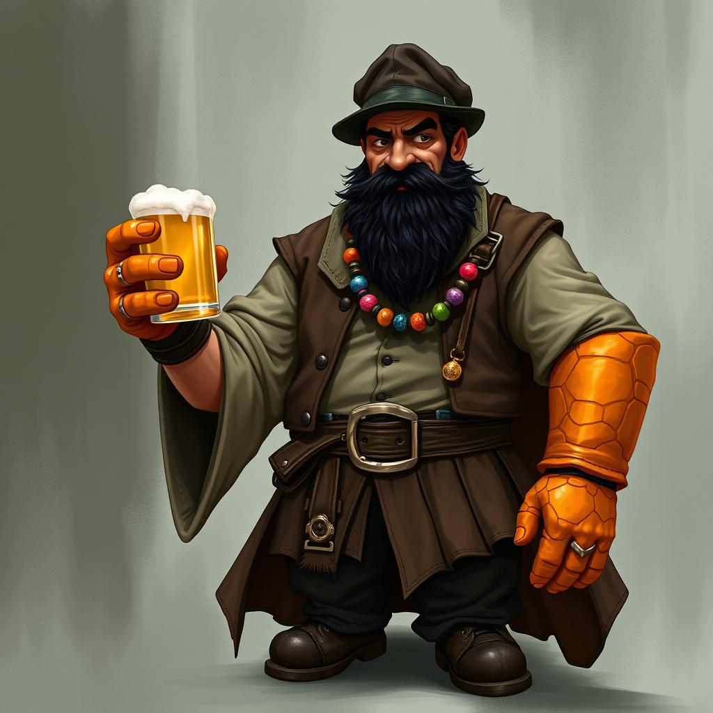 A character from a Dungeons & Dragons setting, a bouncer-monk with a muscular build and a thick, resinous black beard