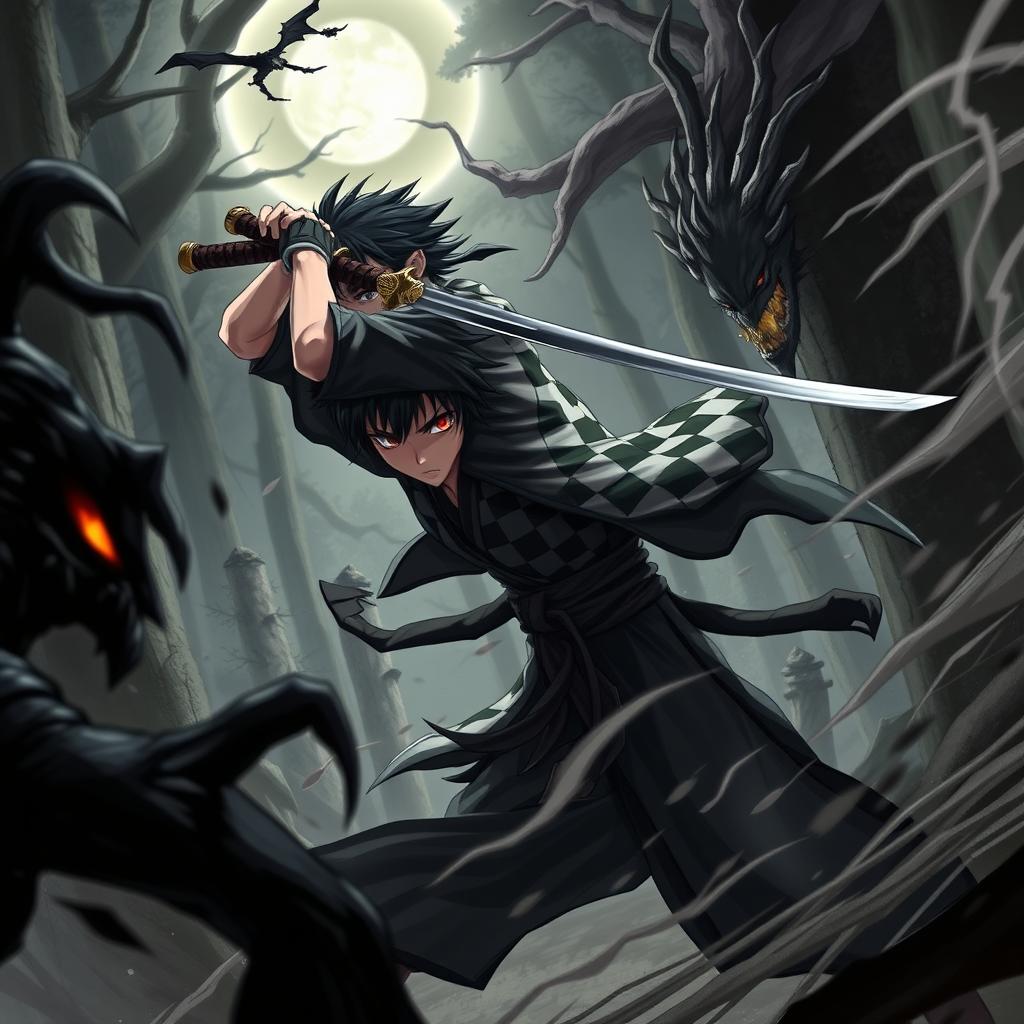 An intense battle scene featuring a young, determined swordsman with black hair and a distinctive checkered haori, resembling a popular anime character