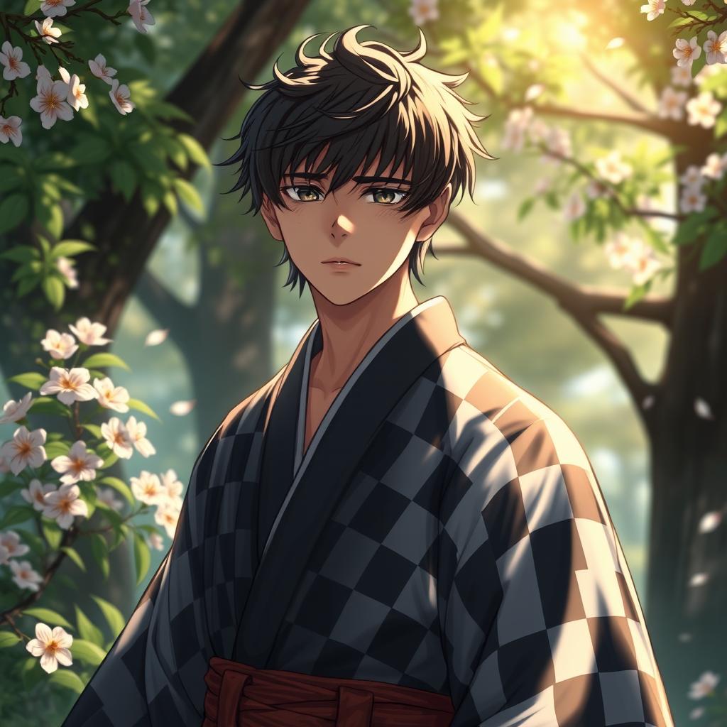 A captivating portrait of a young swordsman with black hair and a checkered haori, depicting him in a moment of introspection