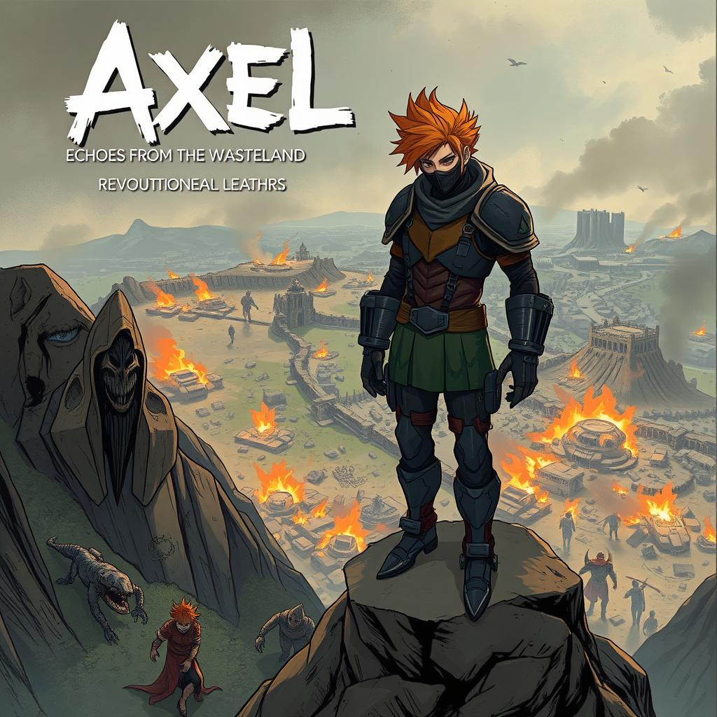 A front cover illustration for a book titled 'Axel: Echoes From The Wasteland', featuring a character named Axel standing on the edge of a hill