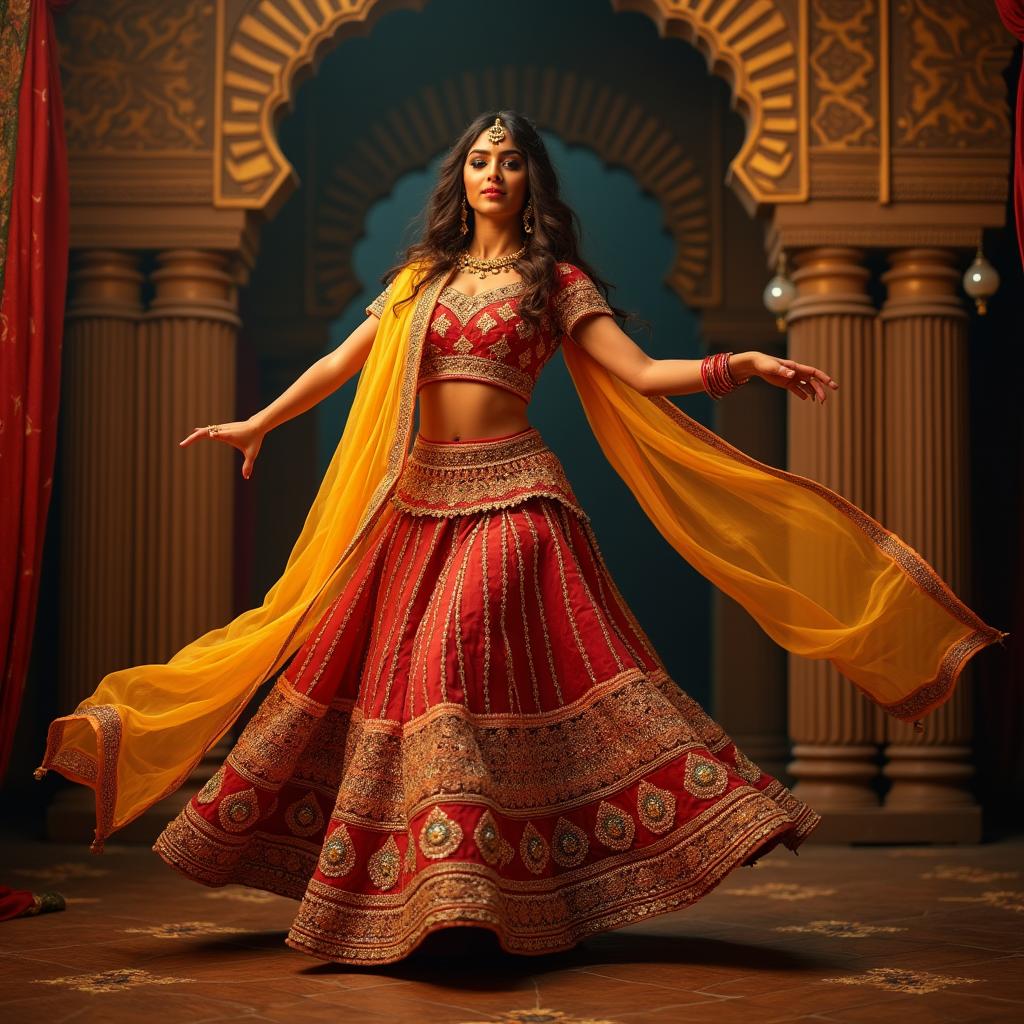 A captivating mujra dancer performing in a vibrant traditional setting, showcasing intricate movements and an expressive dance style