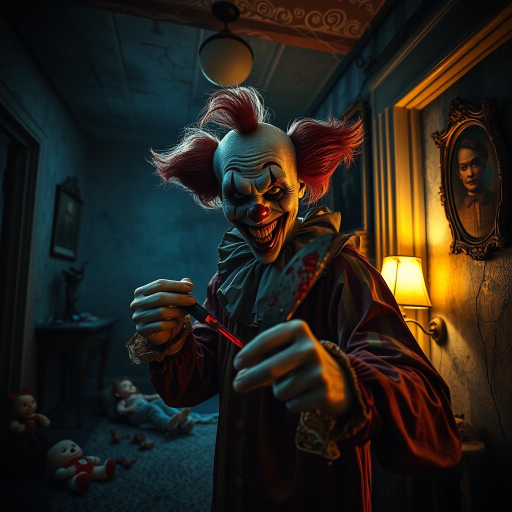 A chilling horror scene set in an eerie, dilapidated house, illuminated by a dim, flickering light
