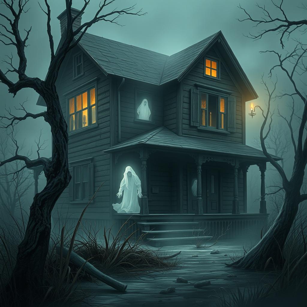 A detailed and atmospheric illustration of a haunted house, inspired by classic horror themes, known as the 'Caza Fantasma' house