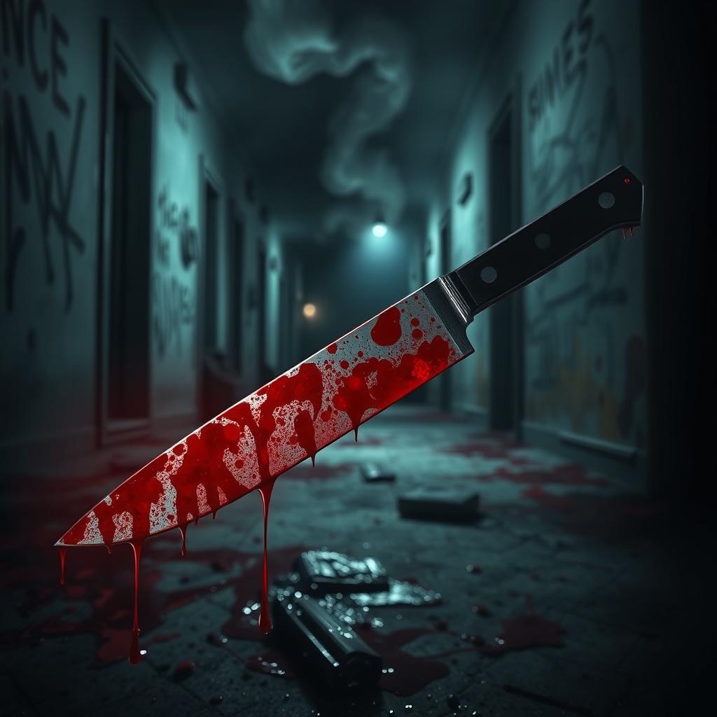 A horrifying scene filled with blood and terror, showcasing a blood-splattered knife glistening ominously in the dim light