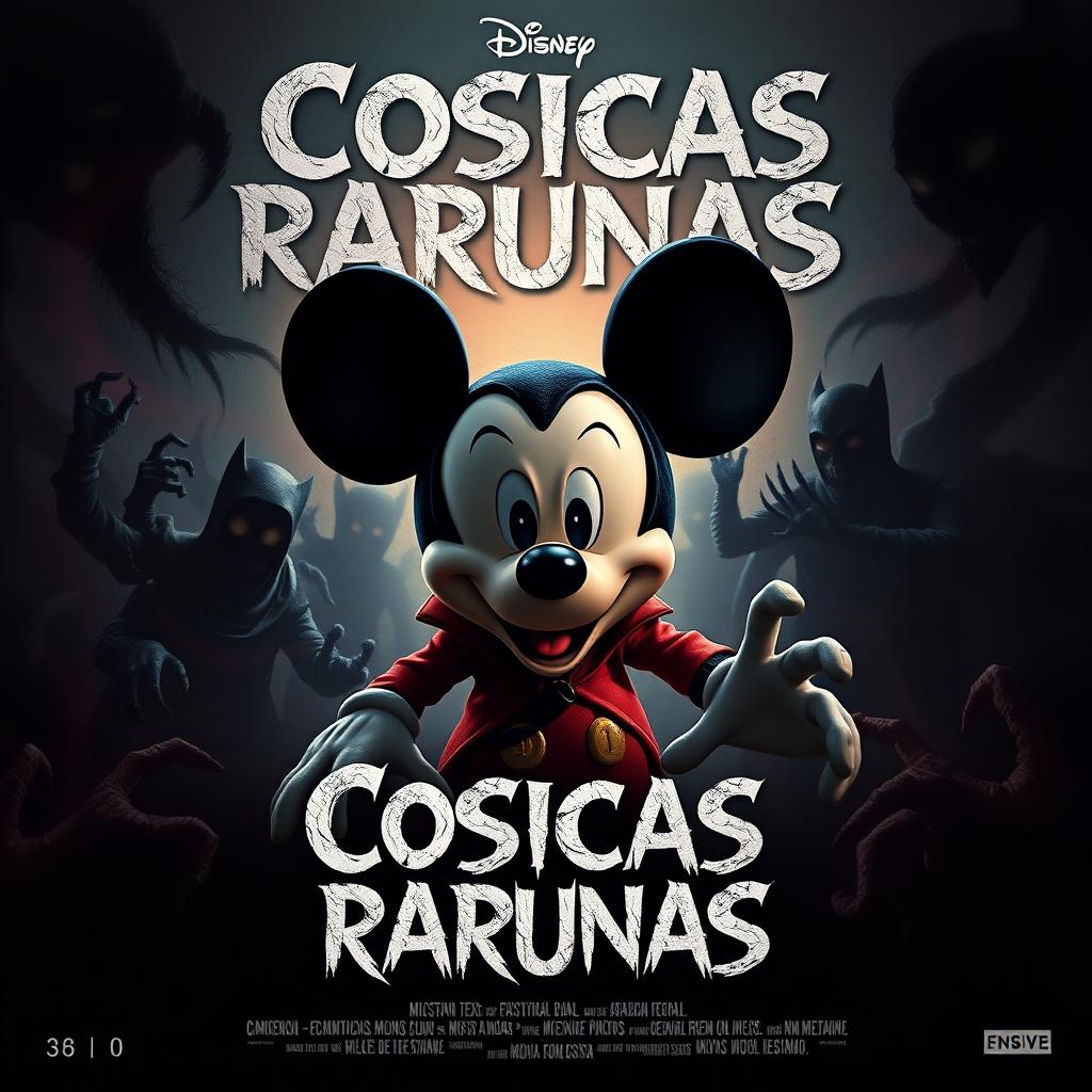 A thrilling movie poster for 'Cosicas Rarunas' featuring a spooky interpretation of Mickey Mouse as the central character