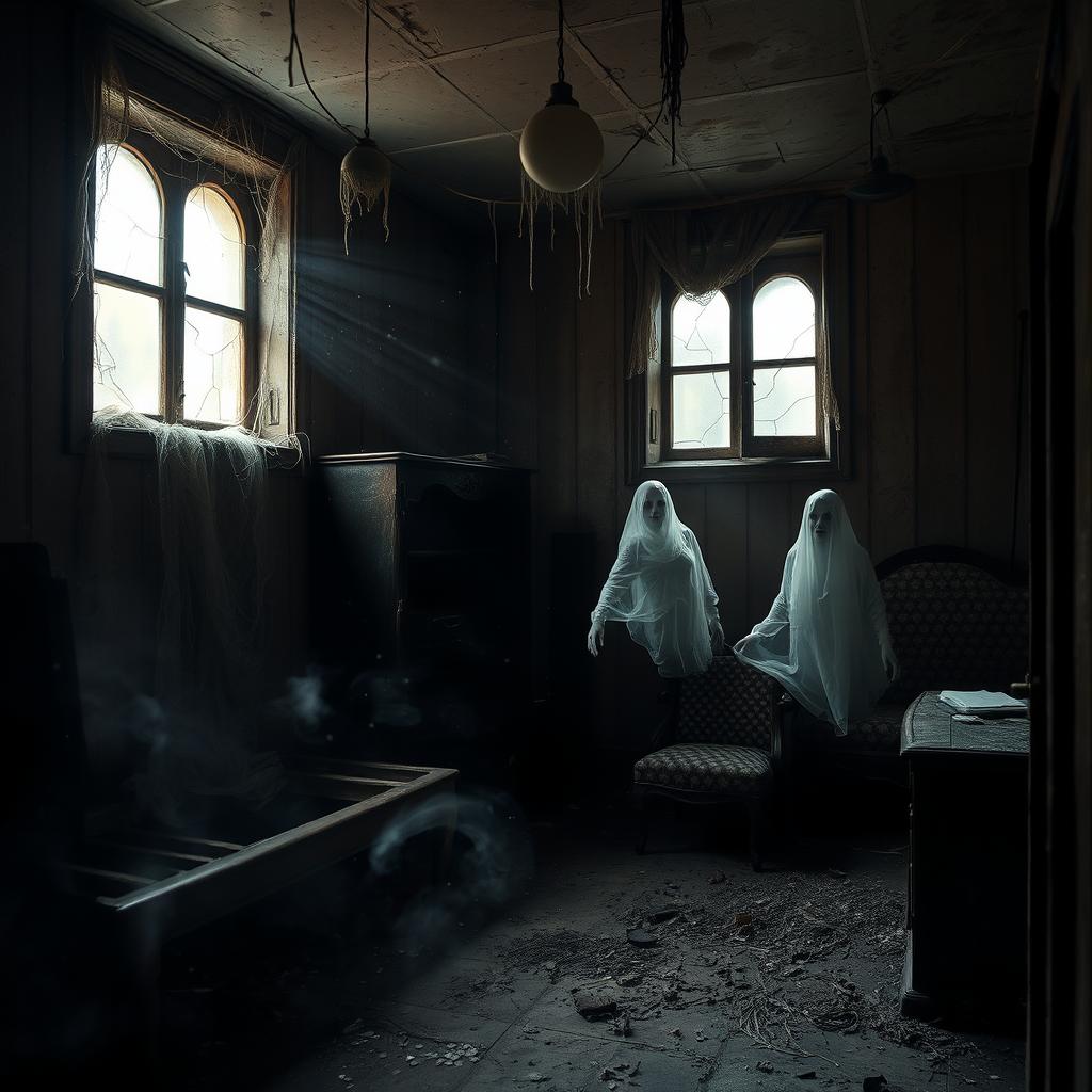 An atmospheric scene capturing the essence of a ghostly presence in an eerie, abandoned house, known as 'La Casa Fantasma'