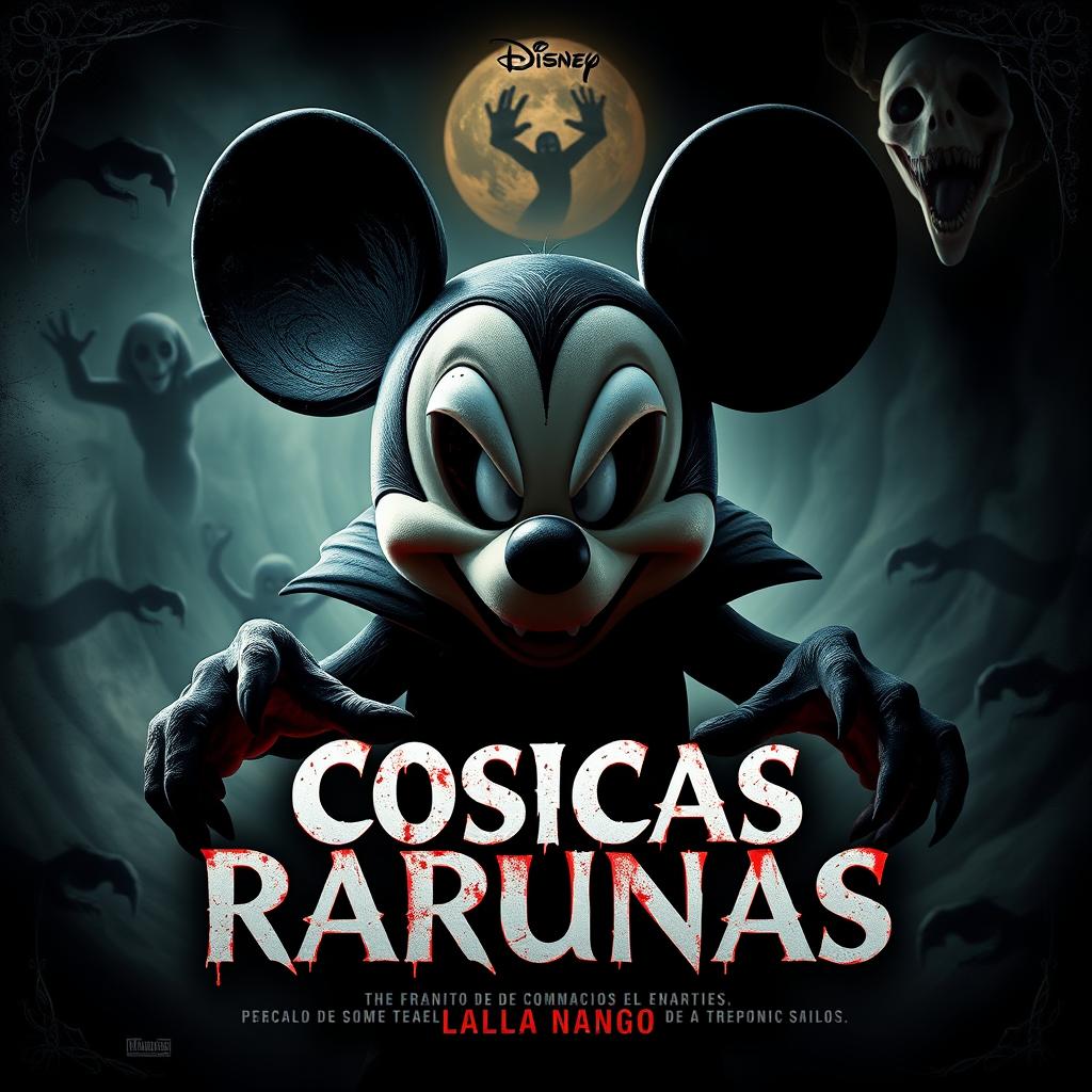A chilling movie poster for 'Cosicas Rarunas' featuring a fearsome interpretation of Mickey Mouse as the focal point