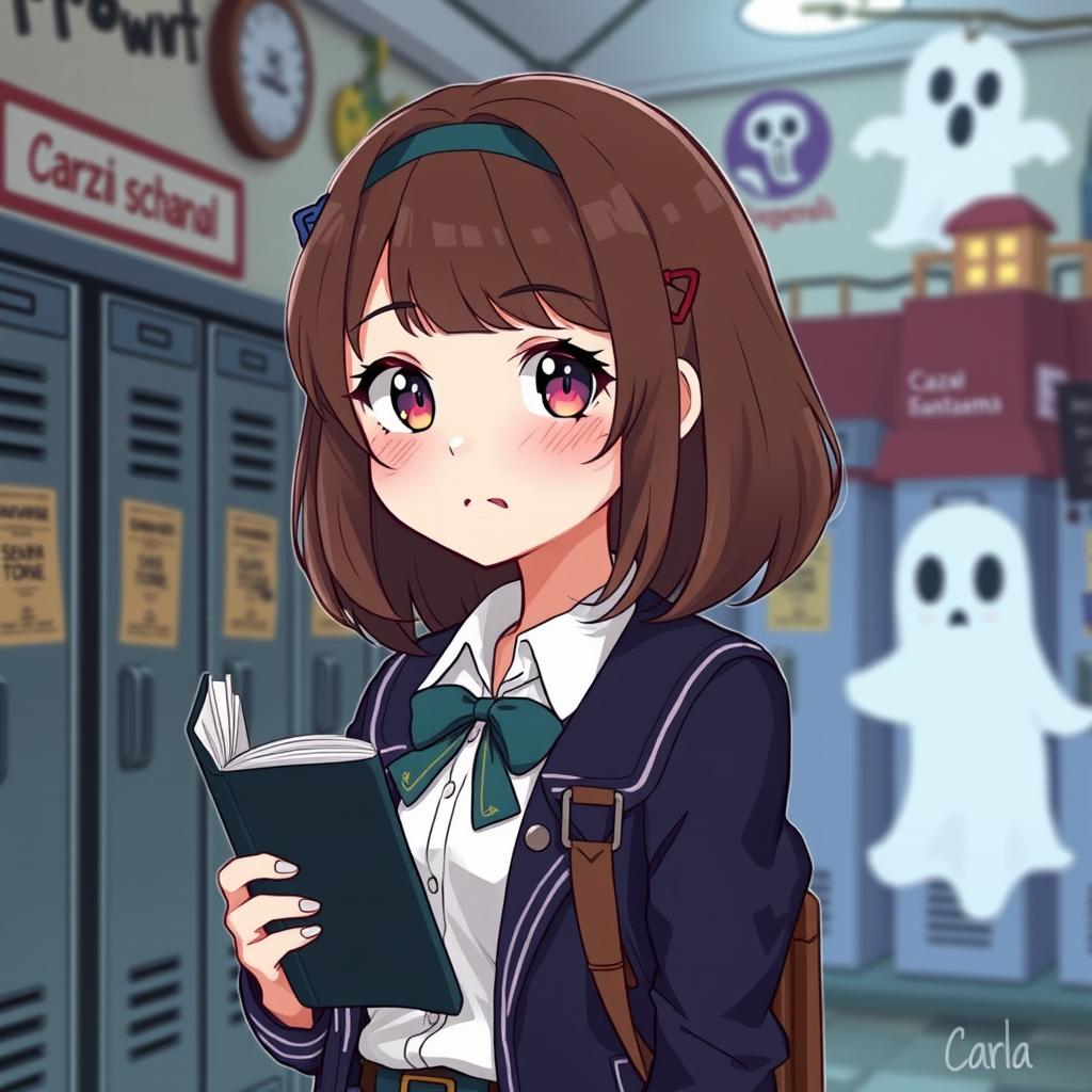 An illustration of a character named Carla, a spirited and bright student at a fictional haunted school, 'Caza Fantasma'