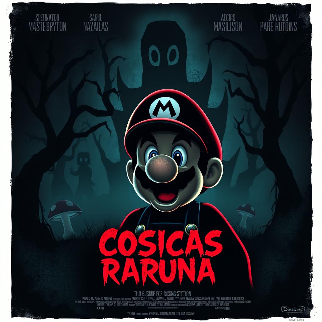 A spine-chilling movie poster for 'Cosicas Rarunas' featuring a haunting interpretation of Mario from the Mario Bros franchise