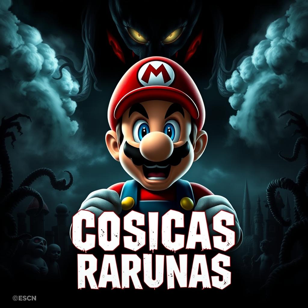 A dramatic movie poster for 'Cosicas Rarunas' featuring a fearsome interpretation of Mario from the Mario Bros franchise