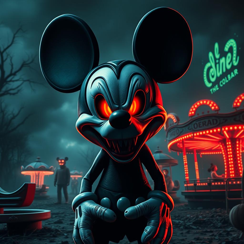 A terrifying interpretation of Mickey Mouse, reimagined as a horror character