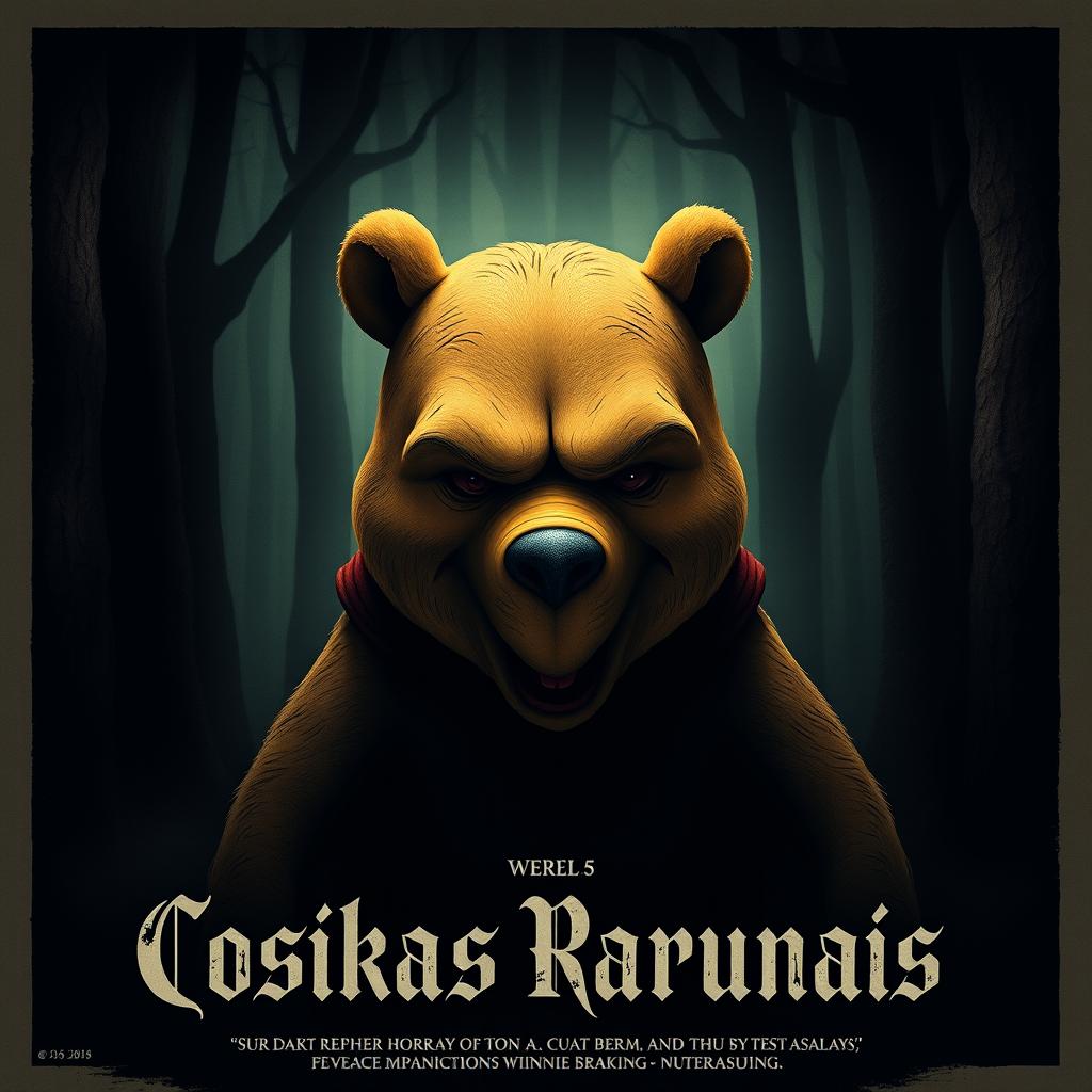 A terrifying movie poster for 'Cosikas Rarunas' featuring a haunting version of Winnie the Pooh