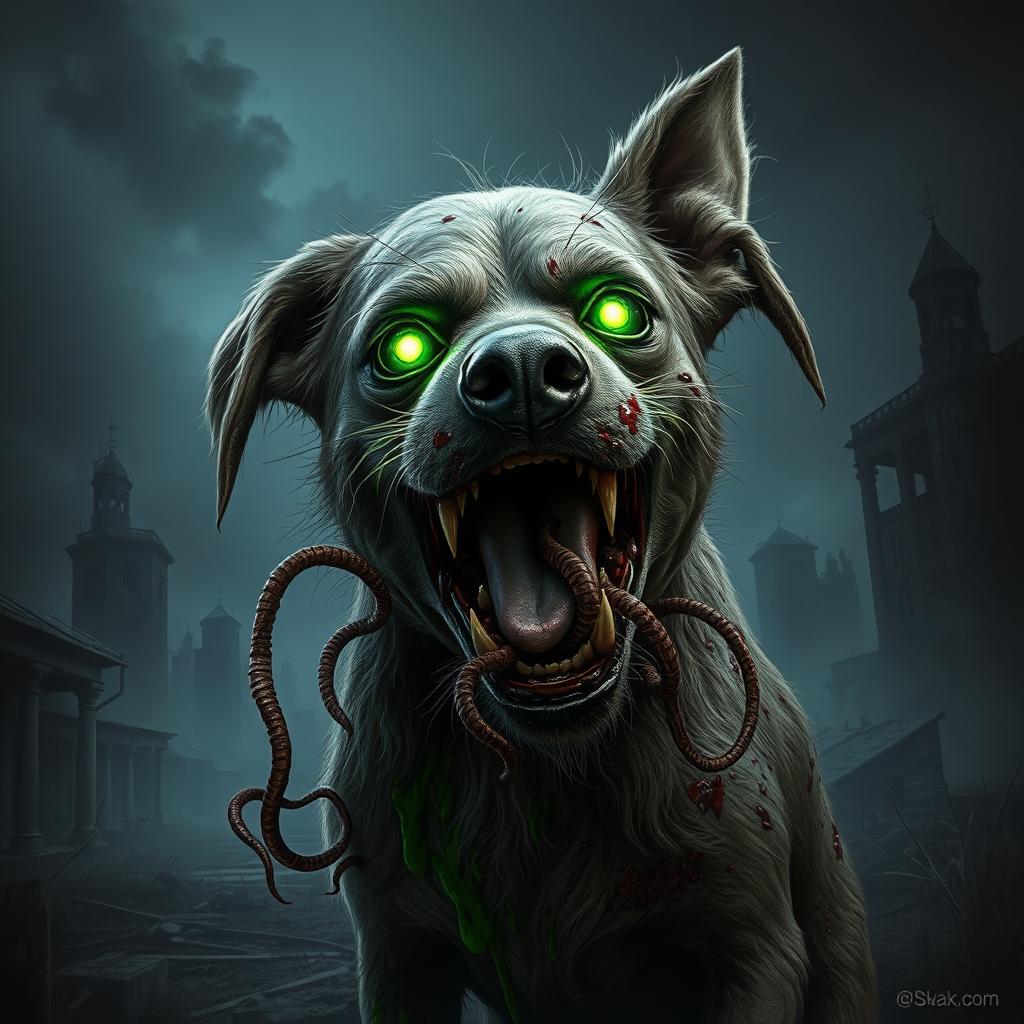 A horrifying depiction of a zombie dog, its fur matted and disheveled, with visible bite wounds oozing a bright green blood
