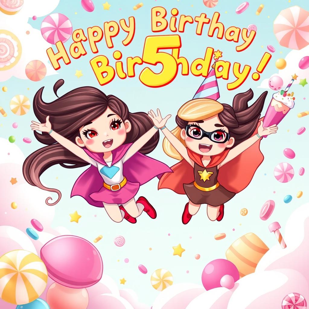 A vibrant and playful illustration of two supergirls celebrating their 5th birthday