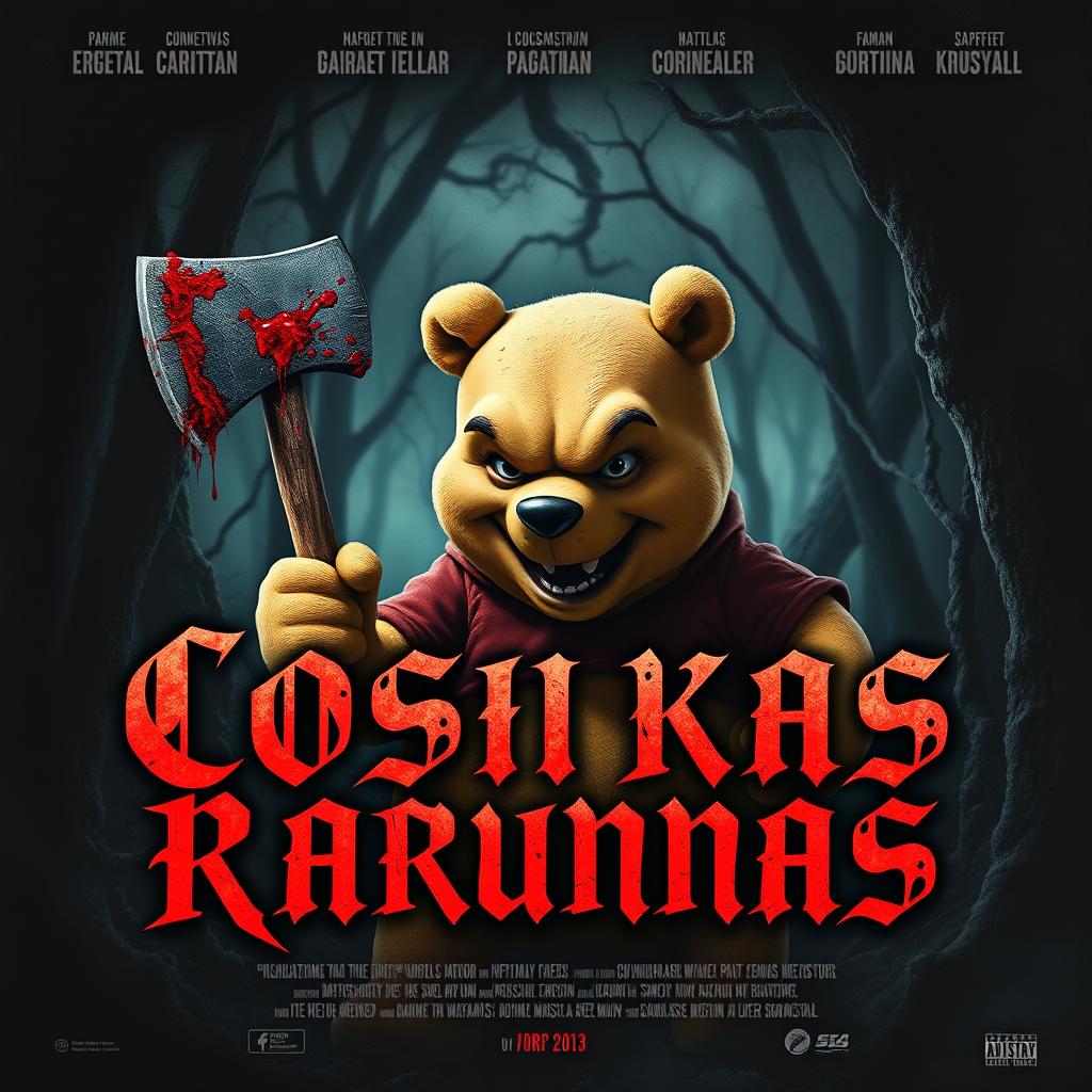 A chilling movie poster for 'Cosikas Rarunas' featuring a terrifying version of Winnie the Pooh wielding a blood-stained axe
