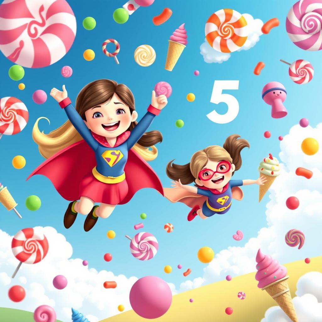 A whimsical children's invitation featuring two supergirls flying joyfully in a bright blue sky filled with colorful candies, sweets, and ice cream