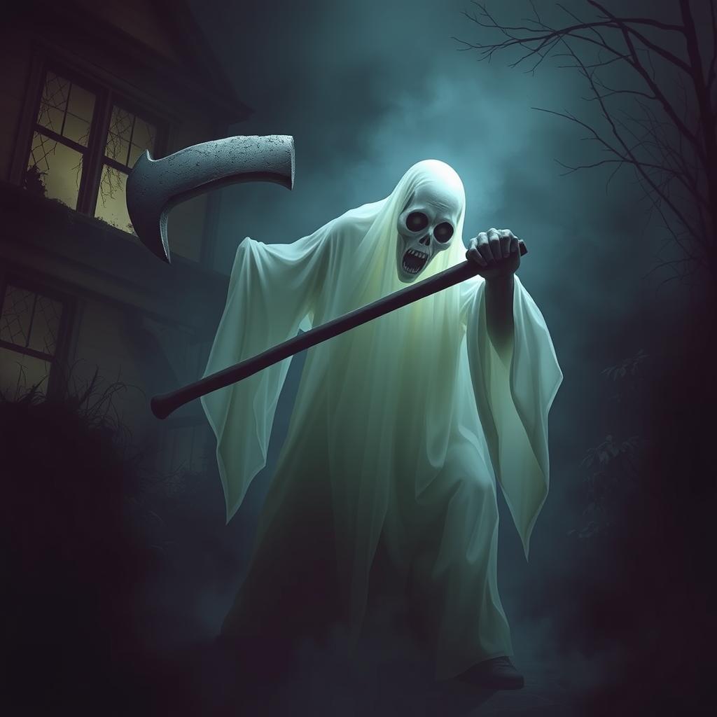 A terrifying depiction of a ghostly figure, reminiscent of a phantom, wielding a large axe with a menacing grip
