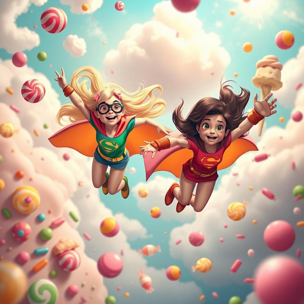 Two supergirls, one with long blonde hair and the other with dark brown hair, both with light complexions, joyfully flying through a vibrant sky filled with colorful candies, sweets, and ice cream