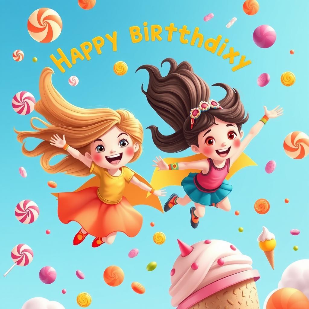 A vibrant and whimsical children’s invitation design featuring two super girls