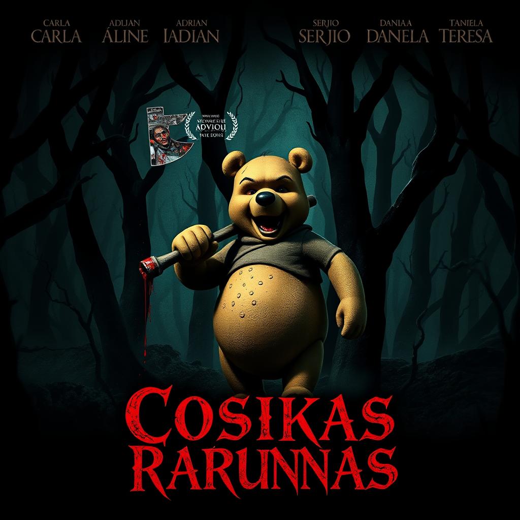 A chilling movie poster for 'Cosikas Rarunas' featuring a dark and menacing version of Winnie the Pooh wielding a blood-stained axe