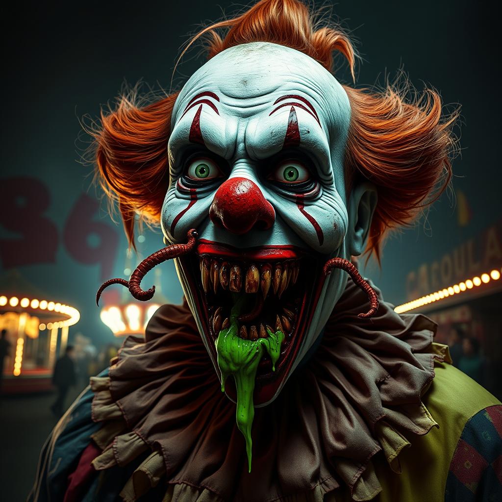 A chilling depiction of a clown with a grotesque, zombie-like face, featuring sunken eyes and decaying skin