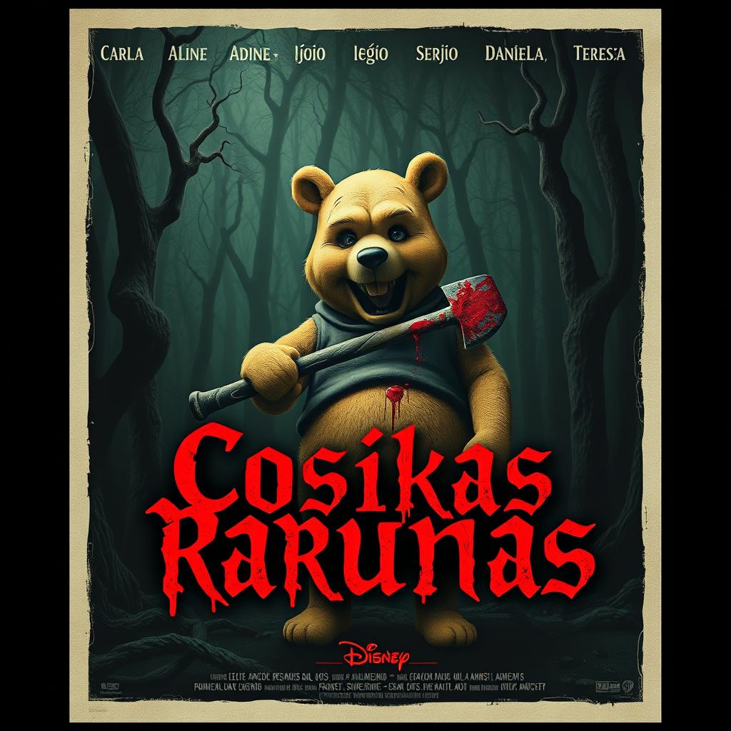 A chilling movie poster for 'Cosikas Rarunas' featuring a terrifying version of Winnie the Pooh holding a blood-stained axe