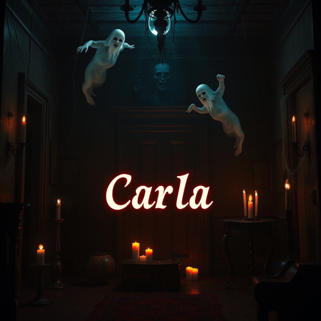 A spooky, atmospheric interior scene set inside a haunted house filled with ghostly apparitions