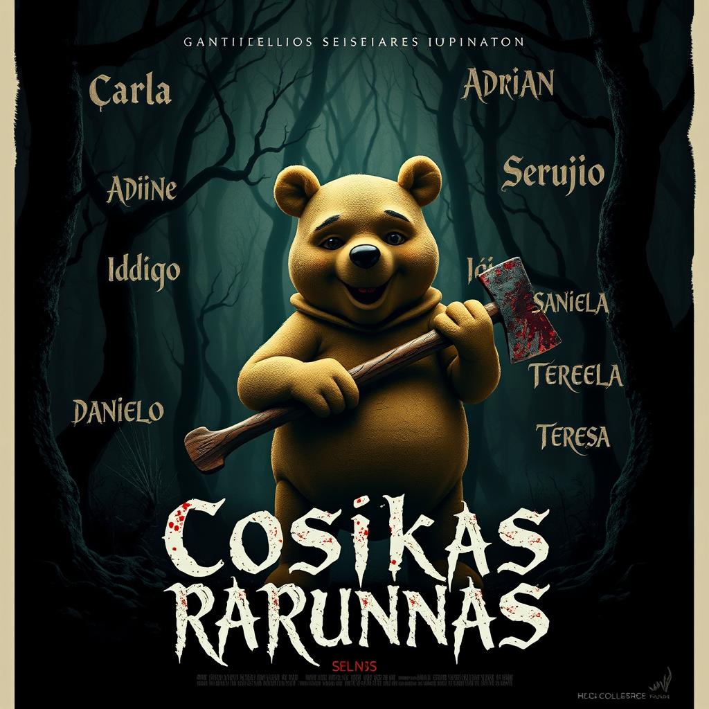 A spine-chilling movie poster for 'Cosikas Rarunas' featuring a horror-themed version of Winnie the Pooh holding a blood-stained axe