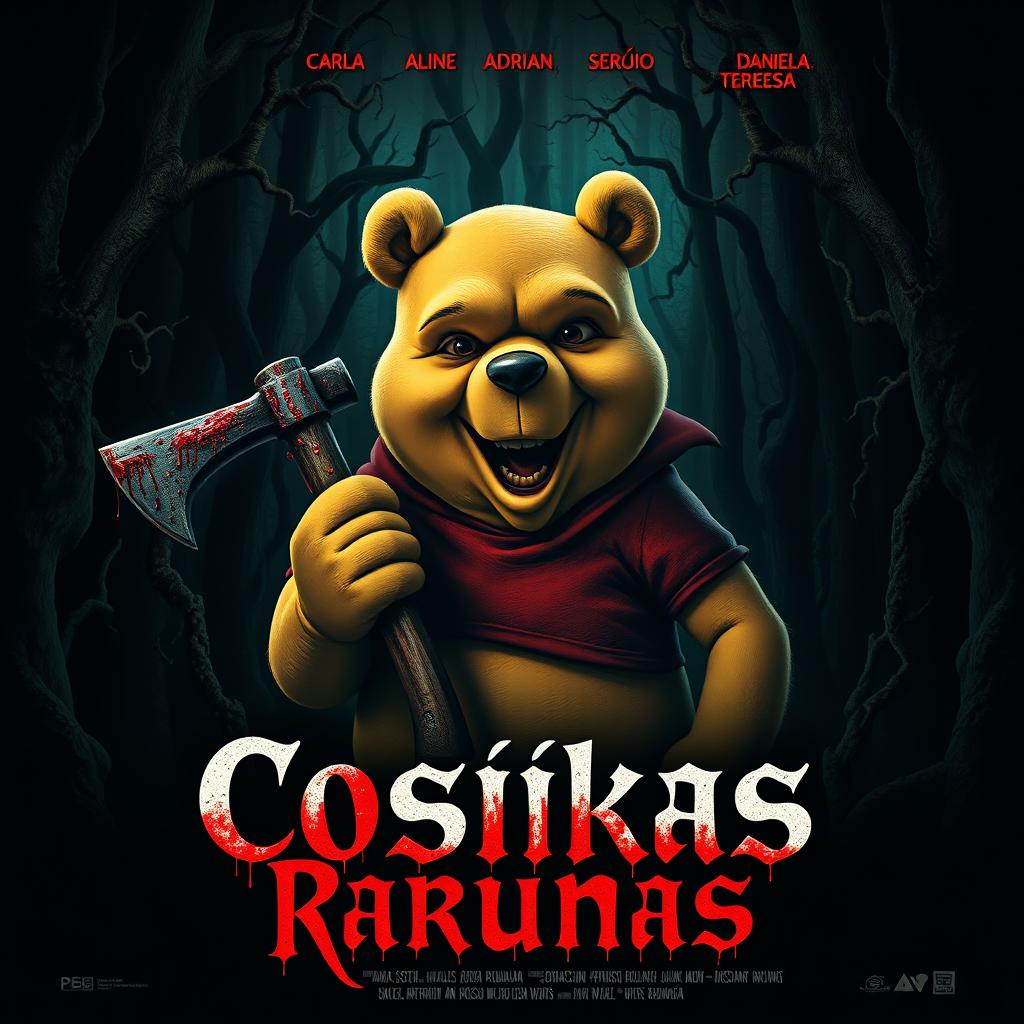 A terrifying movie poster for 'Cosikas Rarunas' featuring a horror-themed rendition of Winnie the Pooh, who is ominously clutching a bloody axe