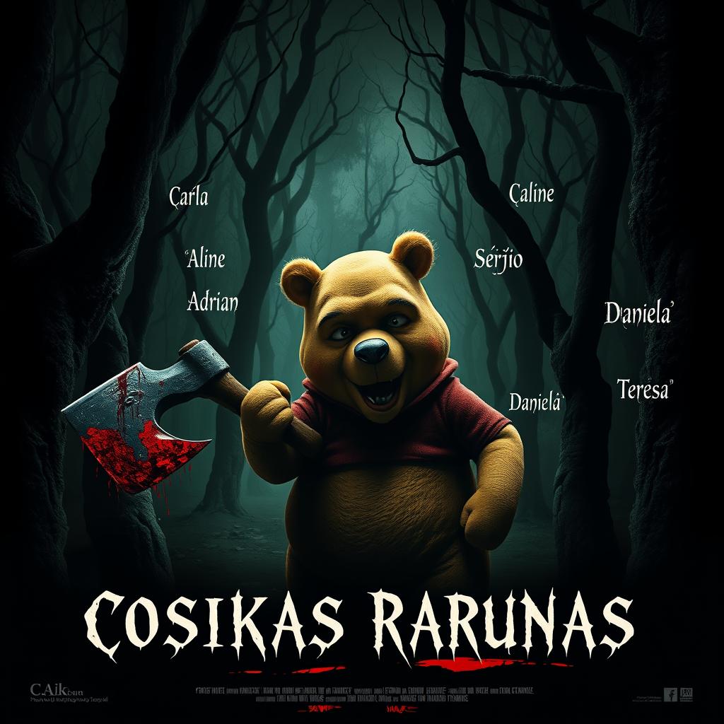 A haunting movie poster for 'Cosikas Rarunas' featuring a terrifying reimagining of Winnie the Pooh