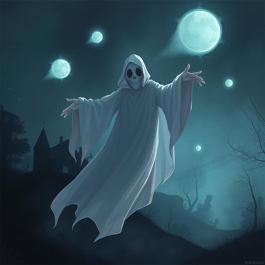 An eerie illustration titled 'Cosikas Raeunas', featuring a ghostly apparition floating ominously in a dimly lit environment