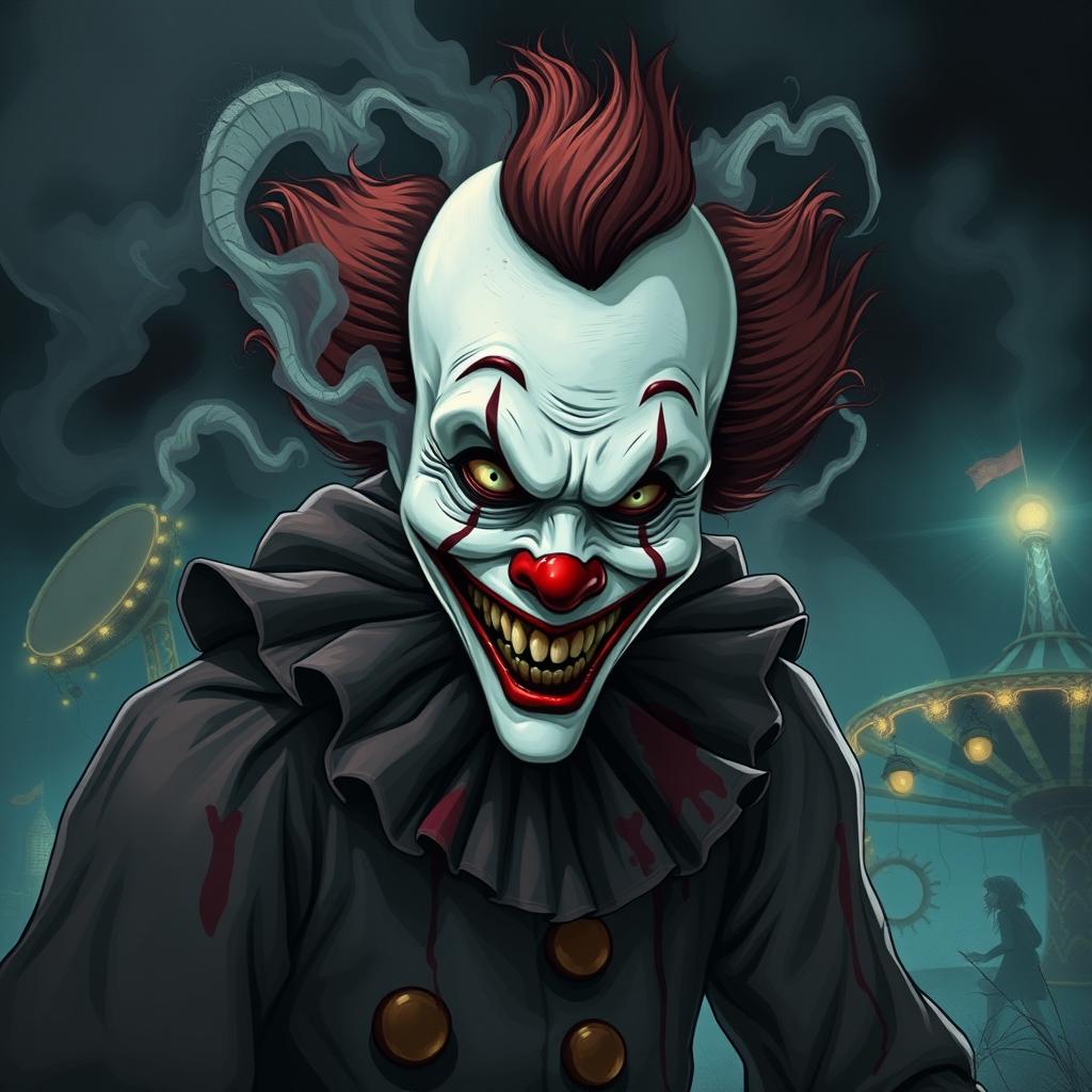 An eerie illustration titled 'Cosikas Raeunas de Terror', featuring a terrifying clown with a ghoulish smile and bloodstained clothing