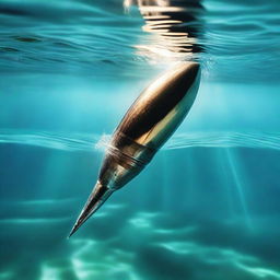 An album cover featuring a bullet dramatically sinking through the clear underwater depths, with light rays piercing through the azure water and illuminating the descending bullet.