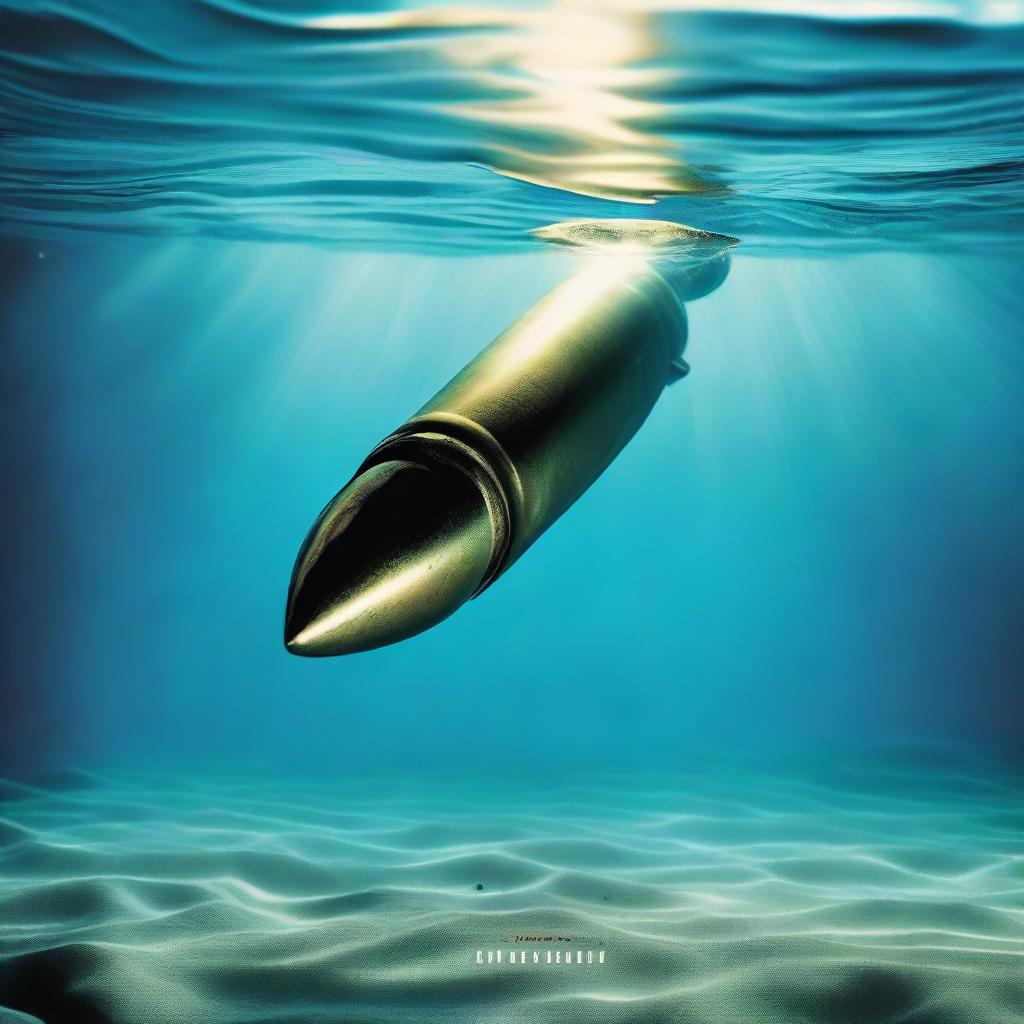 An album cover featuring a bullet dramatically sinking through the clear underwater depths, with light rays piercing through the azure water and illuminating the descending bullet.