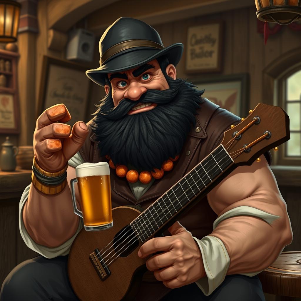 A muscular bouncer-monk character with a thick resinous black beard, one of his large hands replaced with orange stone, sporting a cassock and a leather vest over a shirt