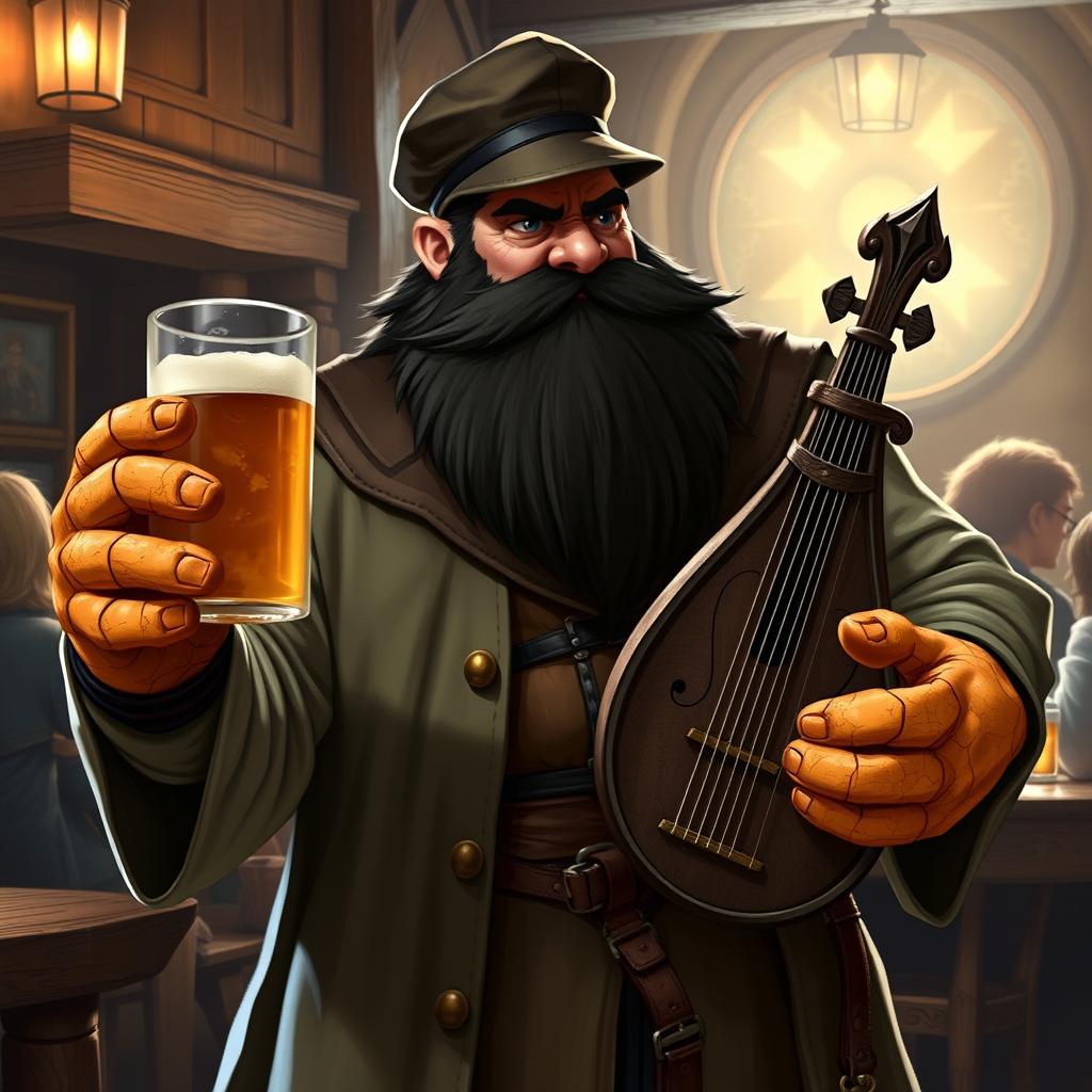 A good-natured bouncer-monk character from a Dungeons & Dragons setting, depicted as a muscular figure with a thick, resinous black beard