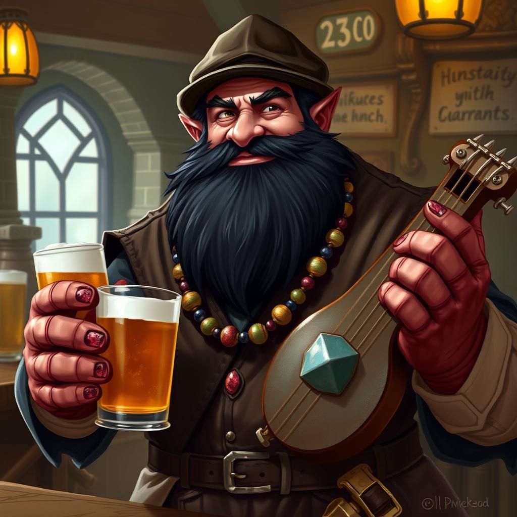 A bouncer-monk character from a Dungeons & Dragons setting, depicted as muscular with a thick, resinous black beard