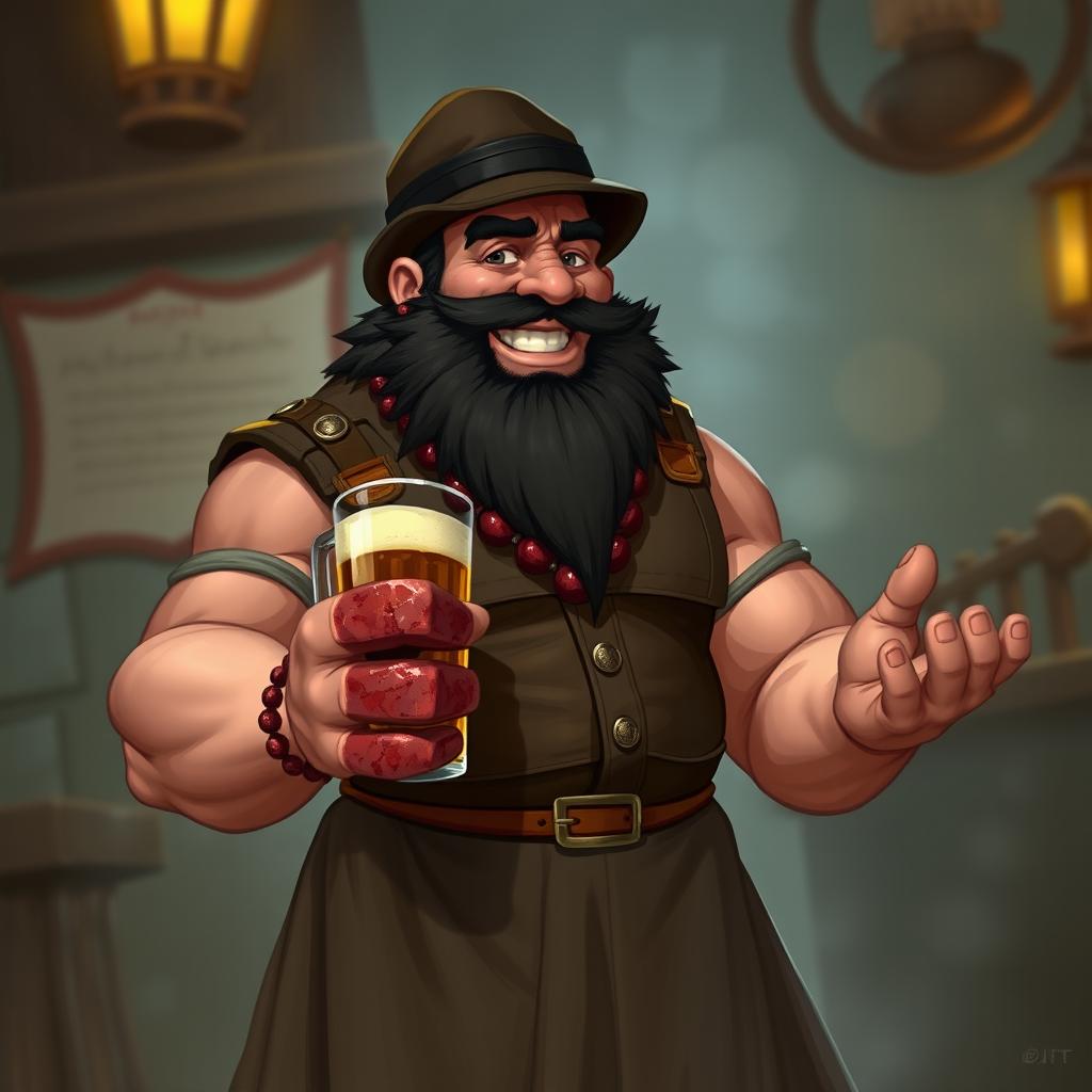 A muscular bouncer-monk character in a cassock with a leather vest, wearing a bowler hat