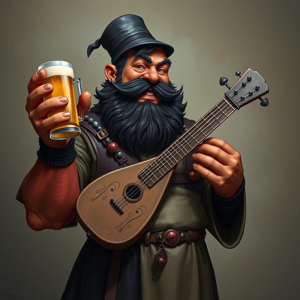 A robust, good-natured bouncer-monk character in a cassock and leather vest, showcasing a muscular physique