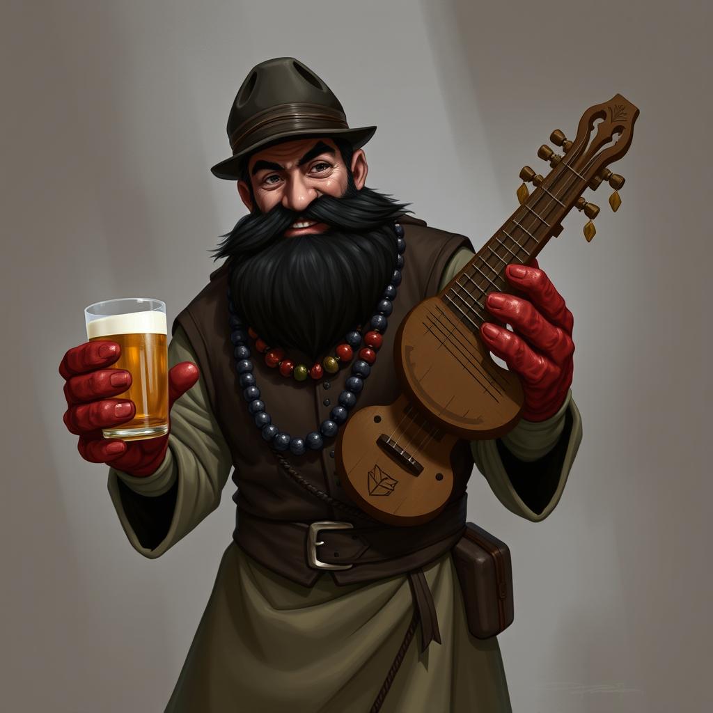 A D&D character designed as a bouncer-monk, portrayed with a muscular build and a thick, resinous black beard