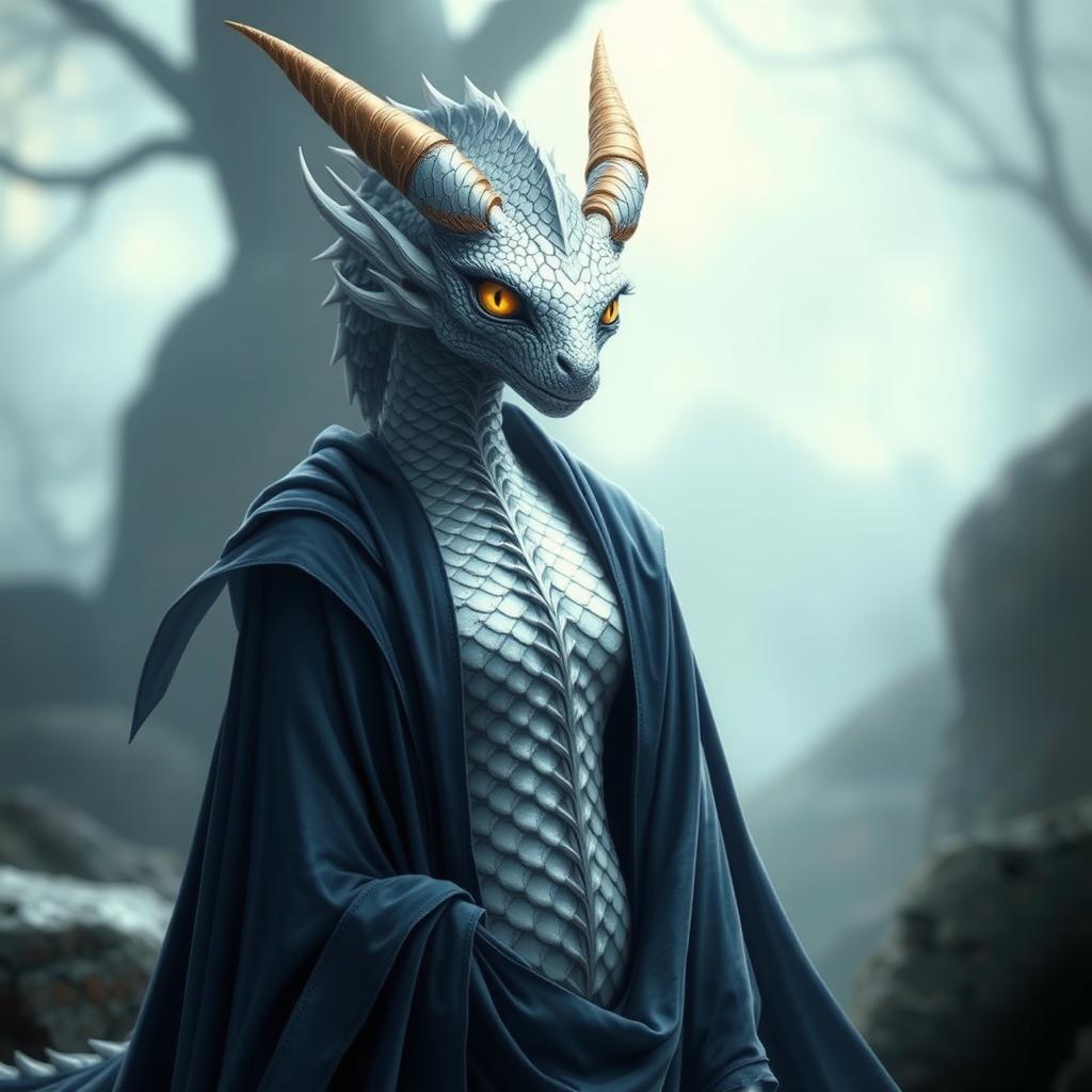 A majestic female dragonkin with striking platinum scales that shimmer under light