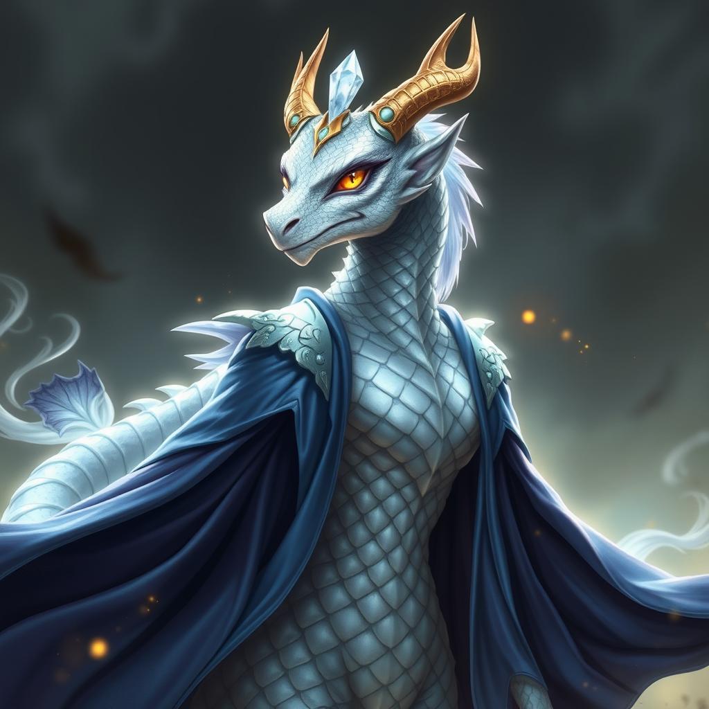 A majestic female dragonkin character with stunning platinum scales, standing at 6 feet tall