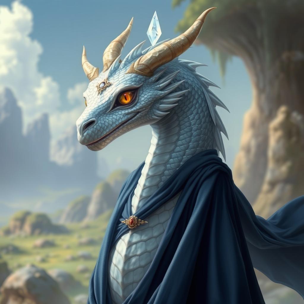 A majestic female dragonkin with shimmering platinum scales, standing 6 feet tall