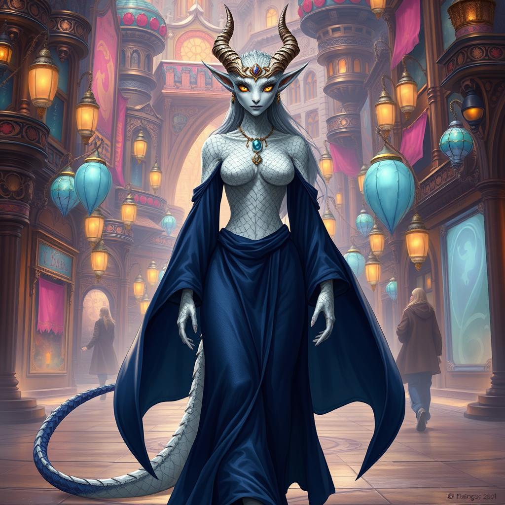 A female dragonkin character with platinum scales and golden eyes, standing 6 feet tall