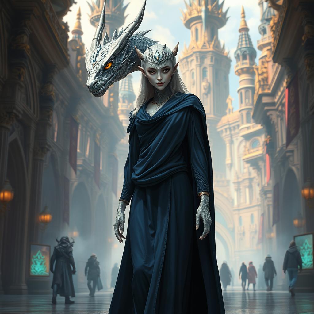 A tall female dragonkin with shimmering platinum scales and a dragon-like head, standing at 6 feet tall