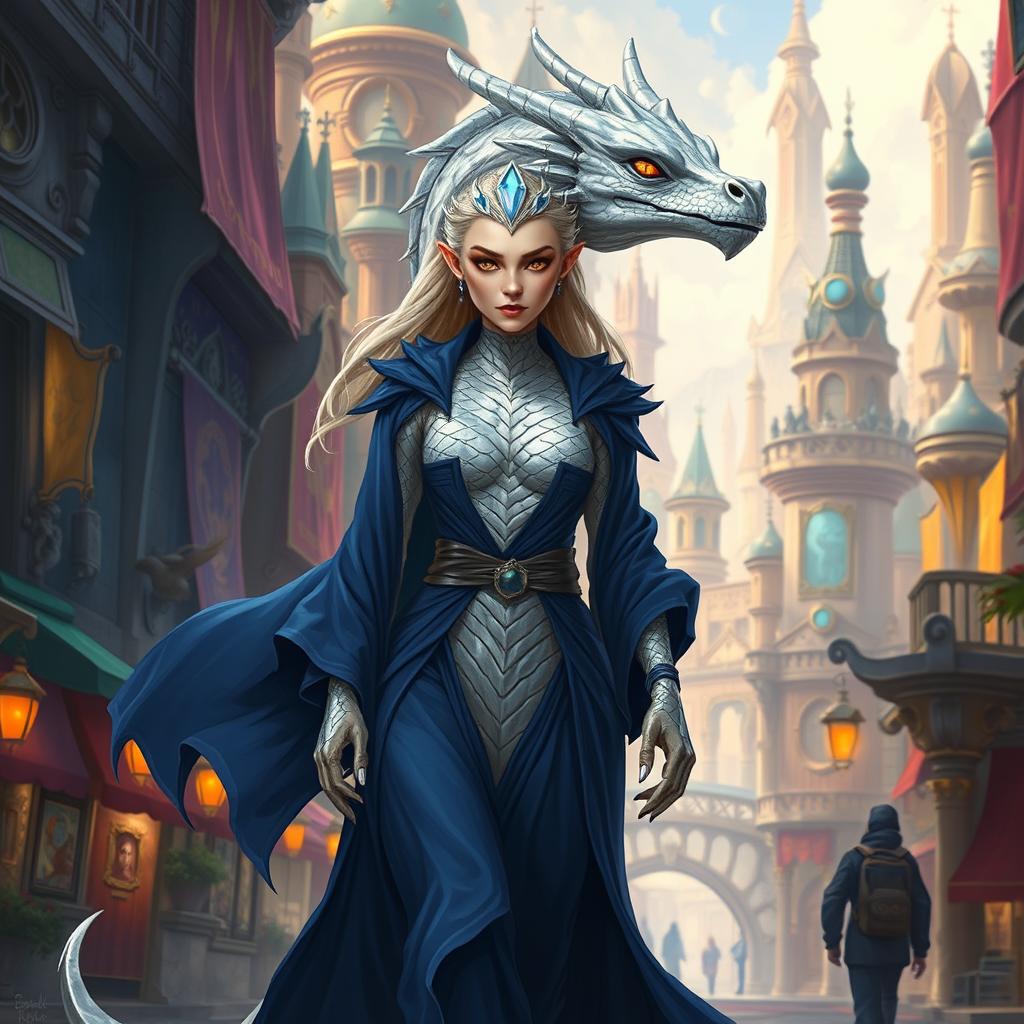 A powerful female dragonborn with platinum scales and a dragon-like head, standing 6 feet tall
